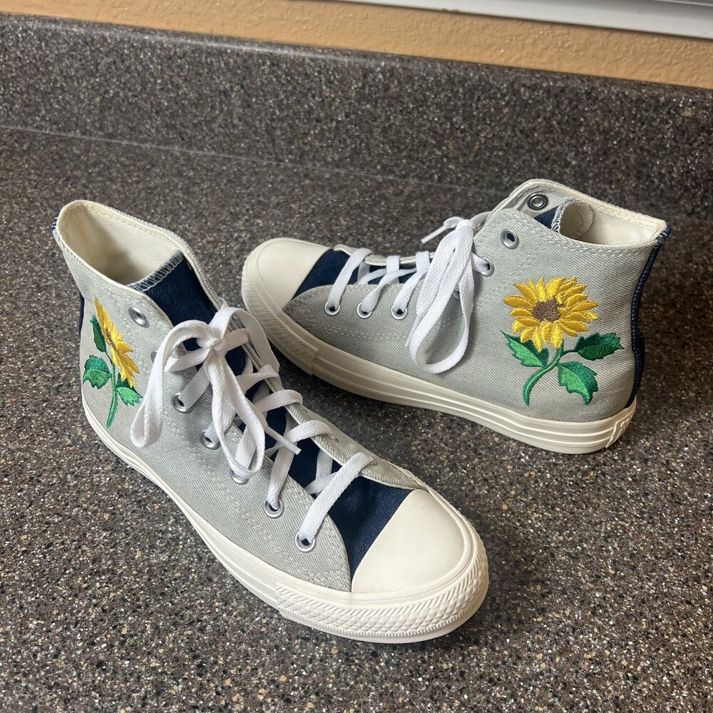 Converse YOU All Star Hi-Top Gray Canvas Sunflower Sneaker Womens 7 Lace Up Shoe